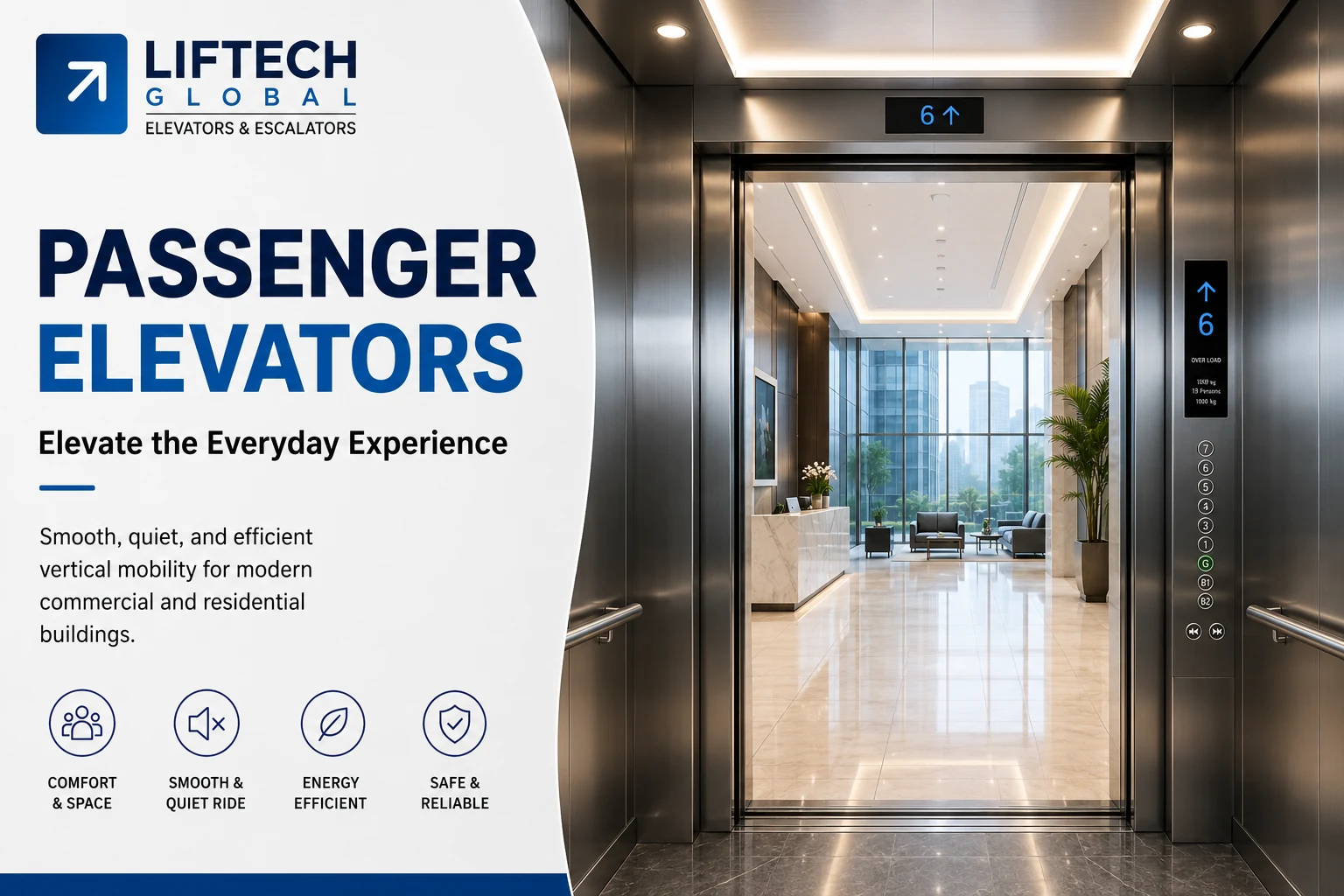 Liftech Global passenger elevator — stainless steel cabin with open doors to a marble lobby, blue floor display and car operating panel, engineered for safety, comfort, technology and efficiency